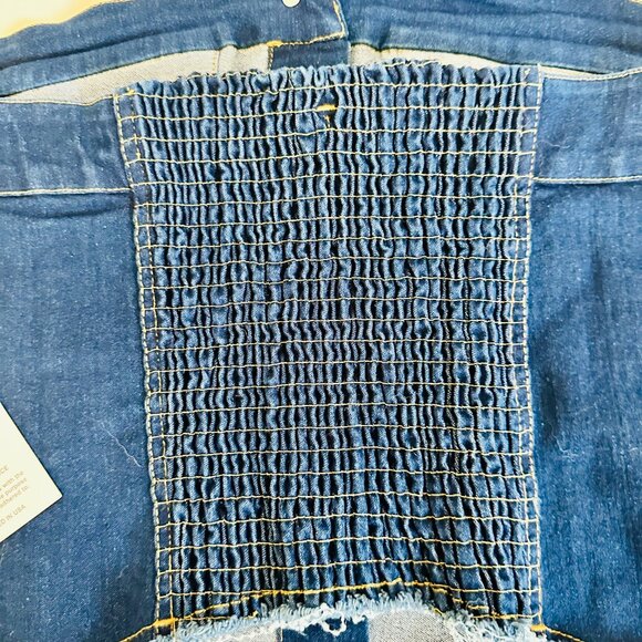 TULIP BLUE DENIM BUSTIER CORSET STYLE STRAPLESS RAW EDGE CROP TUBE TOP - Picture 4 of 6